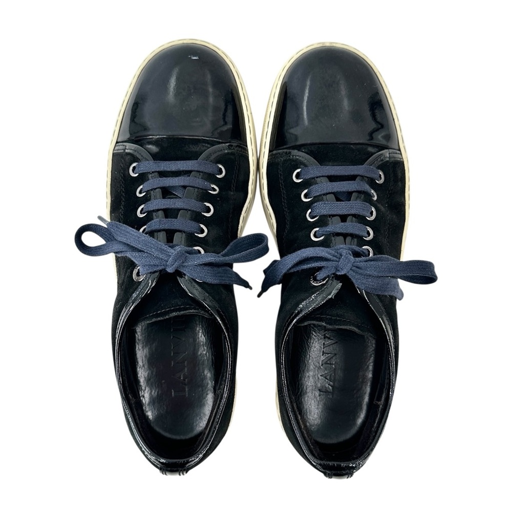 LANVIN DBB1 Suede & Patent Leather Black Low Top Lace Up Sneakers